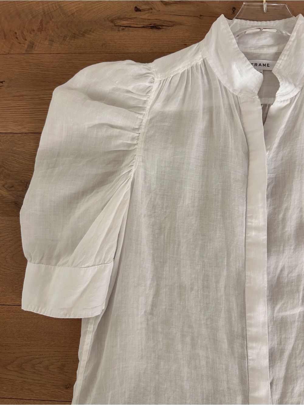 FRAME Gillian White Blouse Ruched Puff Sleeve Top Button Up Shirt Size Medium - Picture 3 of 15